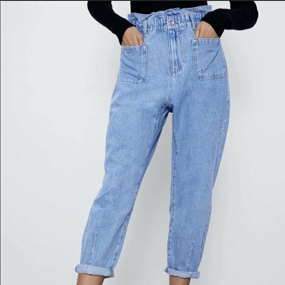 ZARA Z1975 BAGGY PAPERBAG JEANS Light Wash High Waist 27" Size 4 - Picture 5 of 12